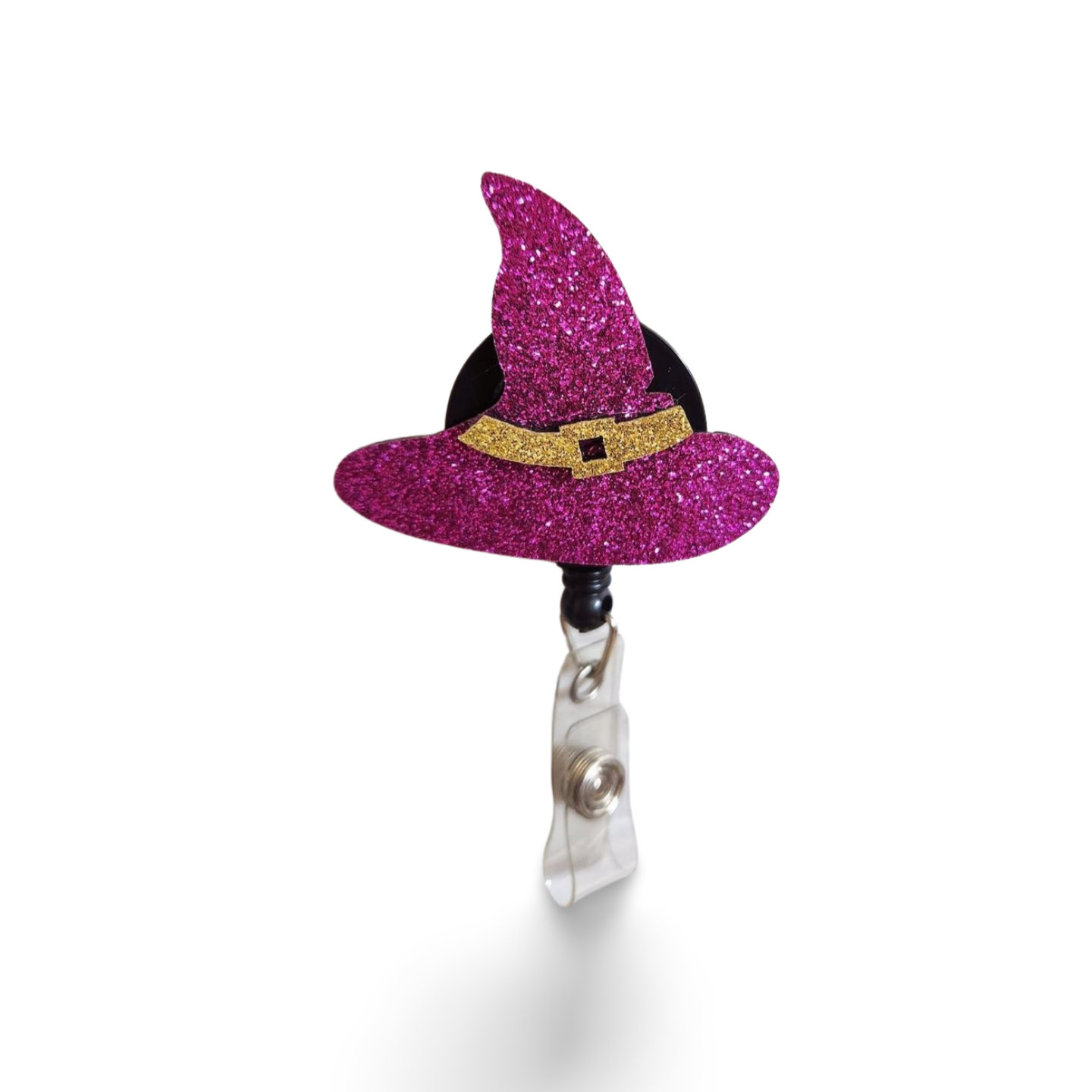 Glitter Purple Witch Hat Badge Reel   2 3/4' X 2"