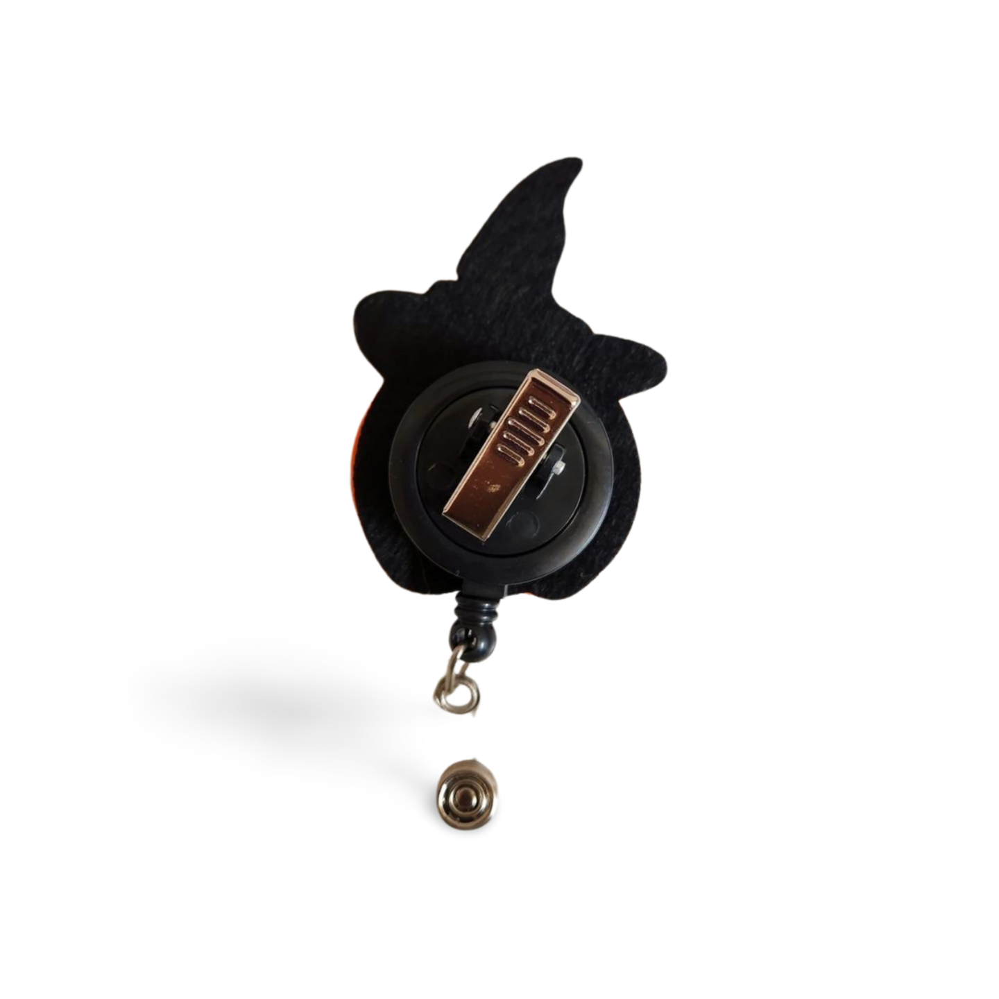 Pumpkin with Witch Hat Badge Reel    2 3/4" X 2"