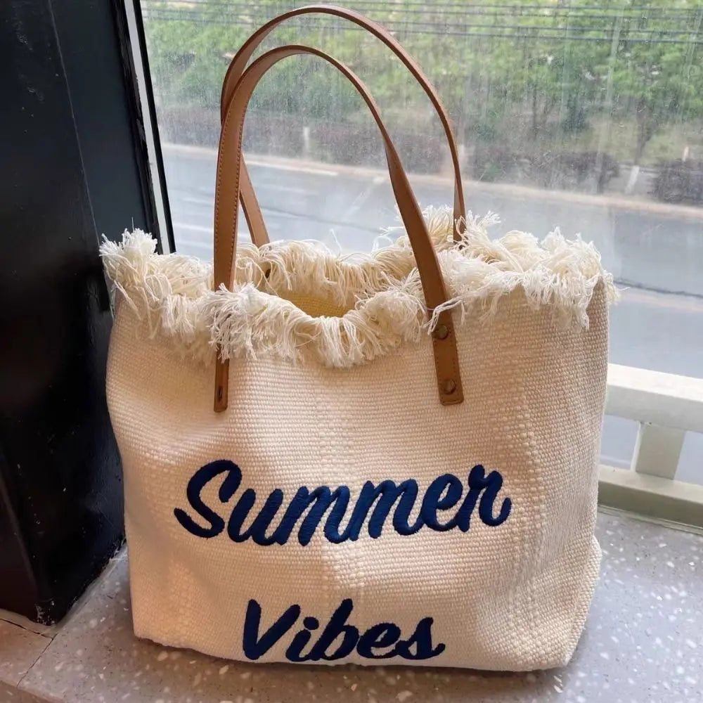 SUMMER VIBES Woven Canvas Bag Embroidered Handbag Women's Large Capacity