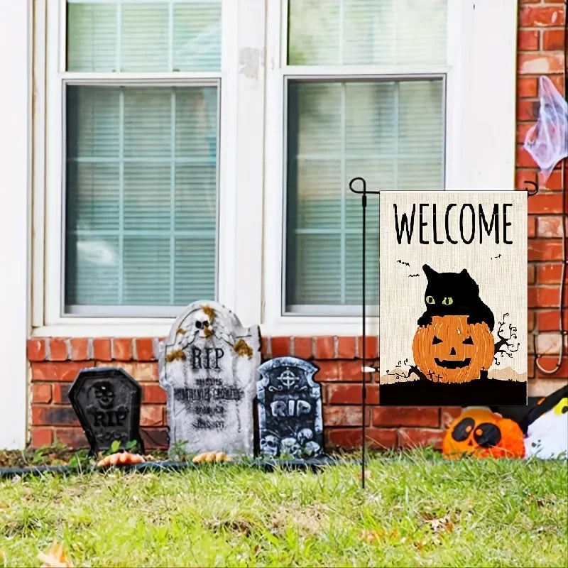 Welcome Halloween Garden Flag Double Sided Black Cat Pumpkin Decor